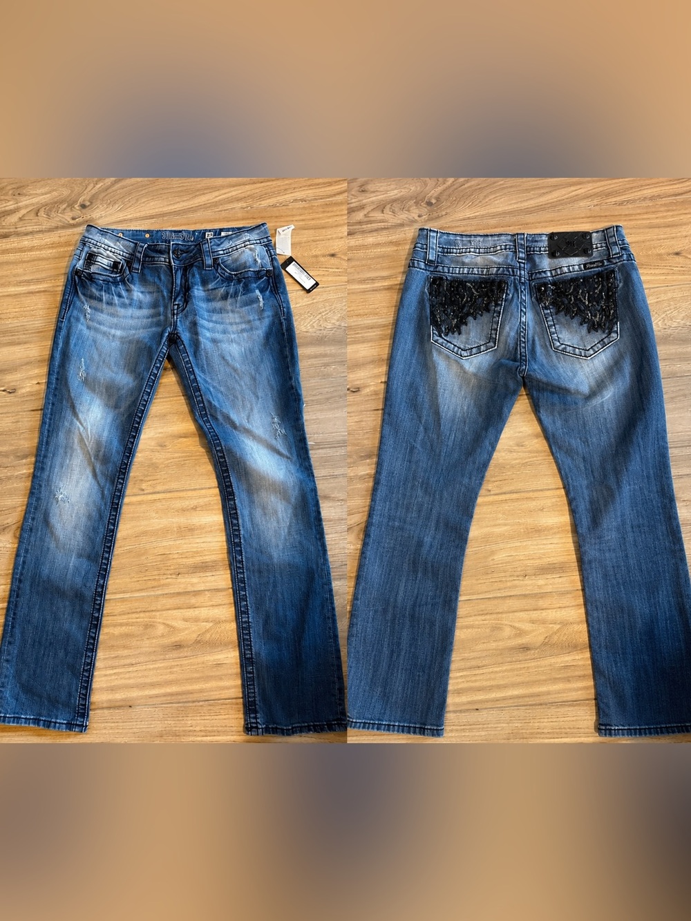 Miss Me Boot Cut Jeans Medium Blue Wash Embellished Black Lace Sequins 30
